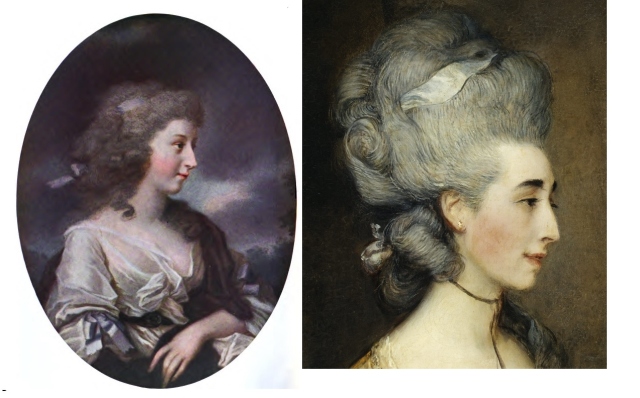 Left, the pastel portrait reputed to be of Grace Dalrymple Elliott and right, for comparison, a cropped image from the full-length portrait of Grace by Thomas Gainsborough. 