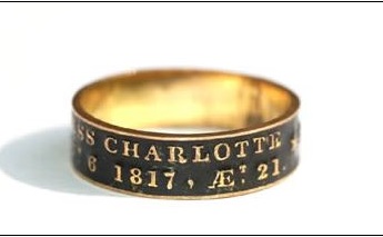 Princess Charlotte Memorial Ring, Black enamel mourning band, dated 1817, commemorating the death of Princess Charlotte.