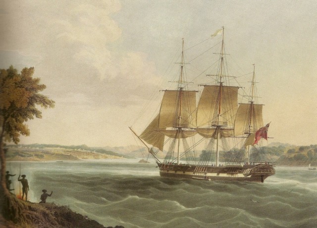 A convict ship entering Sydney harbour. National Library of Australia.