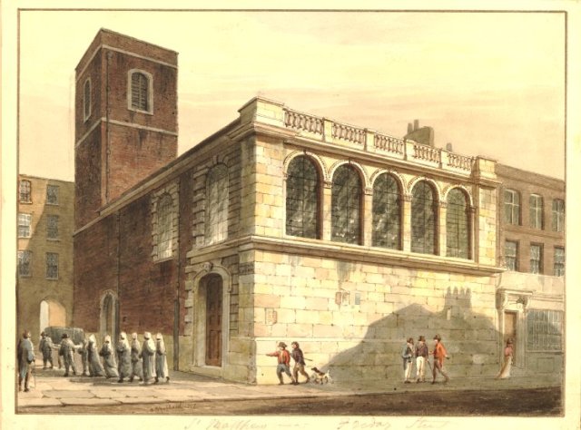 View of St Matthew's Church, on the west side of Friday Street where William and Susannah married - quite plain in comparison to St Brides. British Museum 