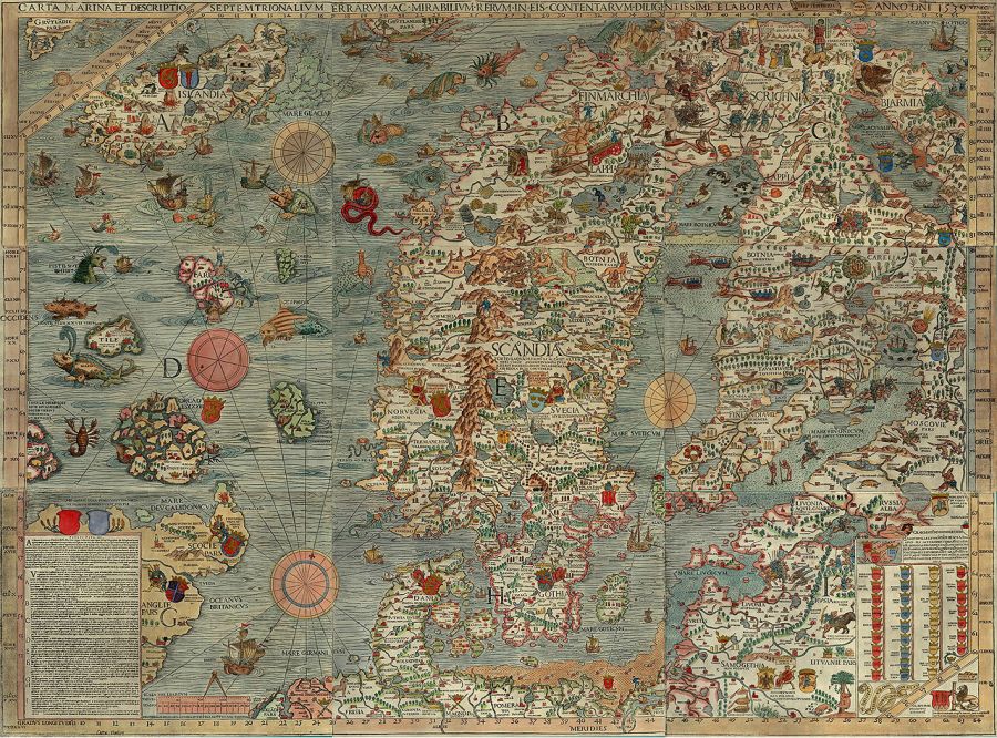 The Carta Marina, a map of the Nordic countries showing various sea monsters (via Wikimedia).